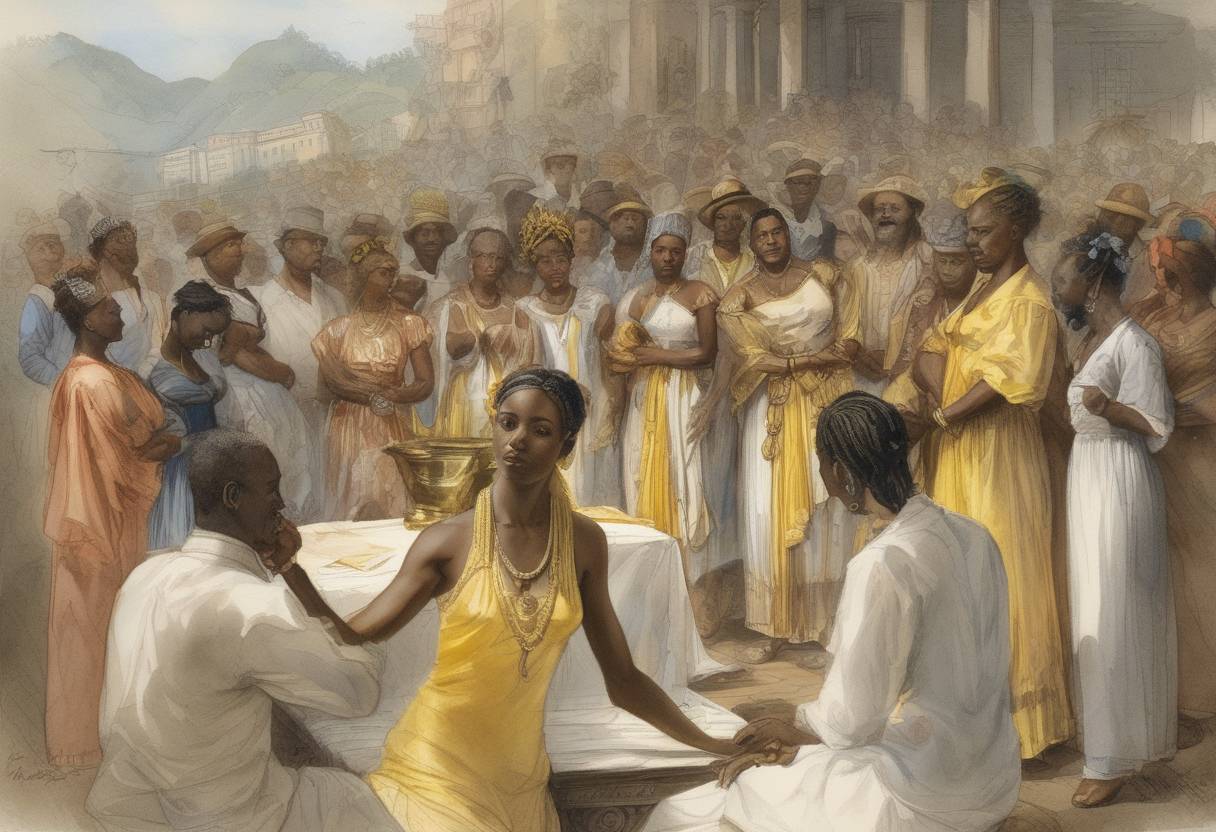 Watercolor painting based depiction of Brazil abolishes slavery with the signing of the Lei Áurea (Golden Law) by Princess Isabel. (1888)