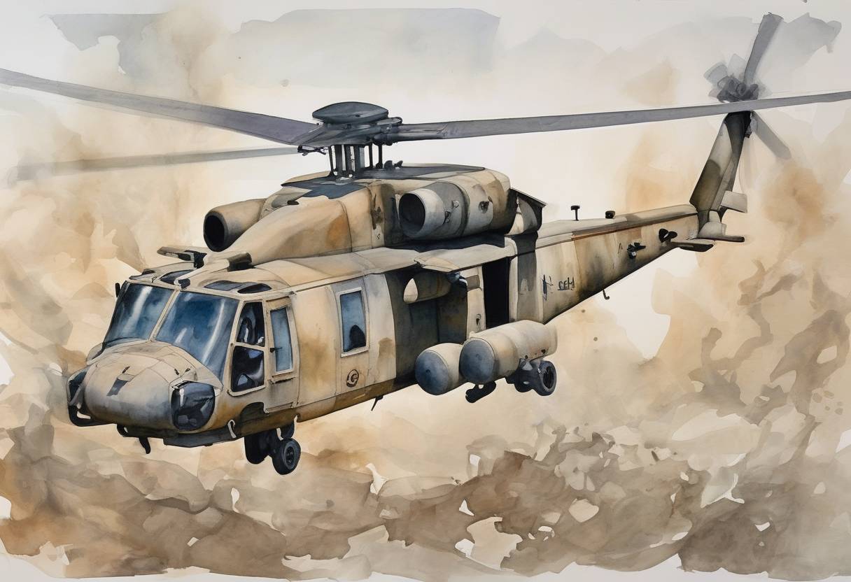 Watercolor painting based depiction of A U.S. military helicopter was shot down in Afghanistan, killing 30 American troops, including 22 Navy SEALs, marking the deadliest day for U.S. forces in the decade-long war. (2011)