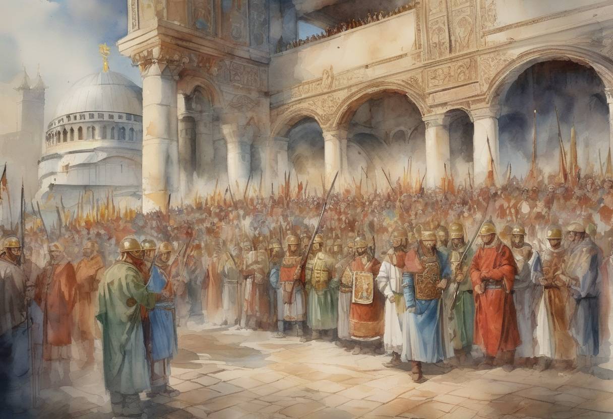 Watercolor painting based depiction of The First Bulgarian Empire was officially recognized by the Byzantine Empire through the signing of a peace treaty, marking the establishment of Bulgaria as a significant power in the Balkans. (681)