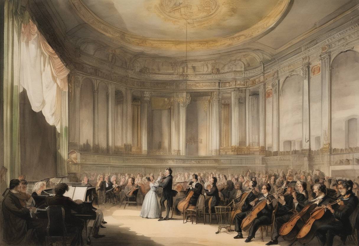 Watercolor painting based depiction of Ludwig van Beethoven's Symphony No. 5 and Symphony No. 6 (Pastoral) premiered at the Theater an der Wien. (1808)