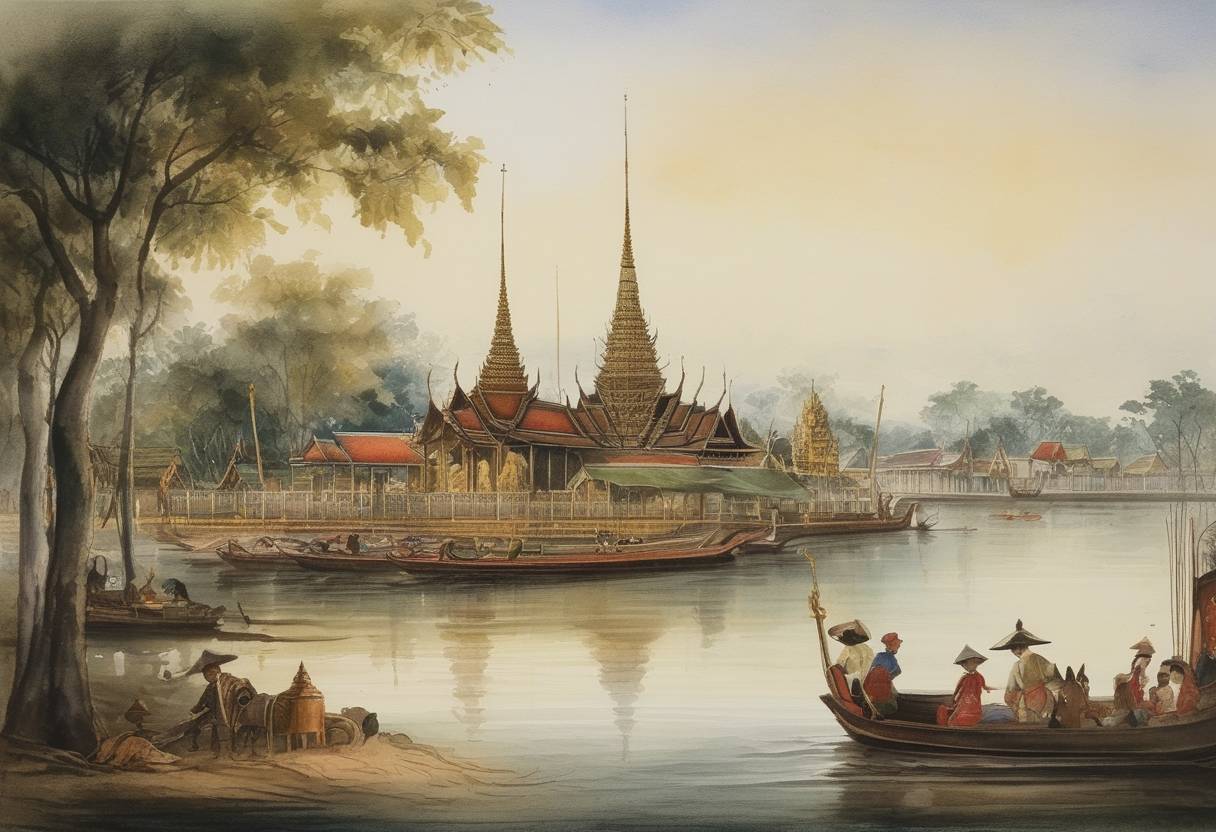 Watercolor painting based depiction of King Taksin the Great founded the city of Thonburi as the capital of Siam (now Thailand) after the fall of Ayutthaya to the Burmese, marking a significant moment in Thai history. (1767)