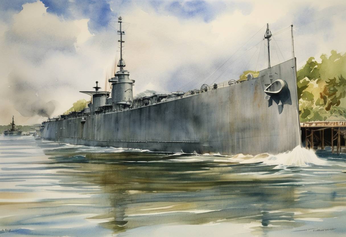 Watercolor painting based depiction of The first atomic powered ship, the USS Nautilus, is commissioned by the U.S. Navy. (1954)