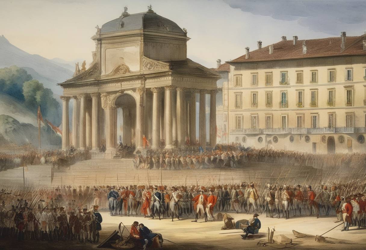 Watercolor painting based depiction of The Treaty of Campo Formio is signed between France and Austria, ending the War of the First Coalition in favor of France. This treaty resulted in significant territorial gains for France and ended Austria's participation in the first phase of the French Revolutionary Wars. (1797)