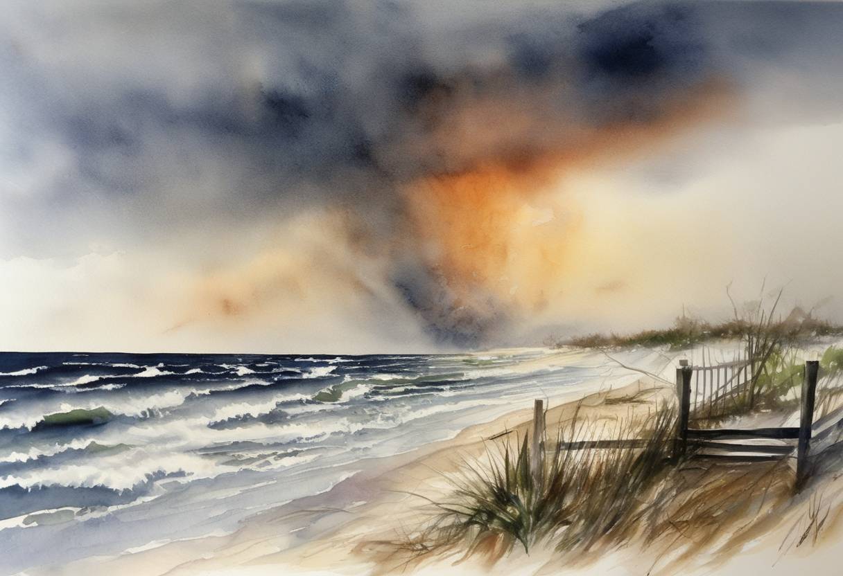 Watercolor painting based depiction of Hurricane Ivan makes landfall in Gulf Shores, Alabama, causing significant damage across the southeastern United States. (2004)