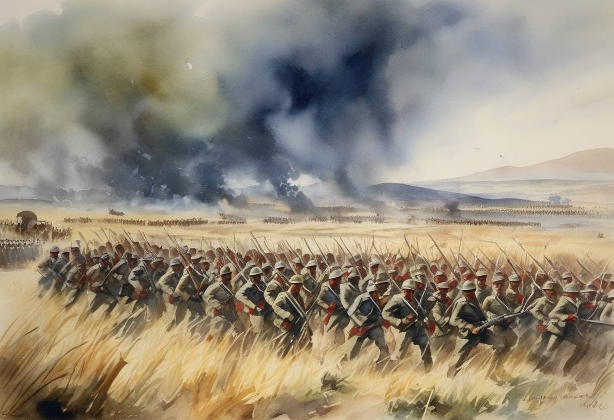 Watercolor painting based depiction of Italian troops invade Ethiopia under the orders of Benito Mussolini, marking the start of the Second Italo-Ethiopian War. (1935)