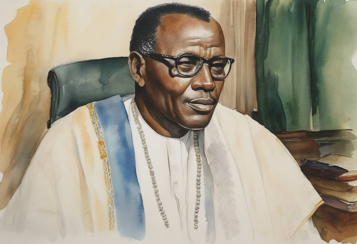 Watercolor painting based depiction of Chadian politician François Tombalbaye becomes first Prime Minister of Chad. (1958)