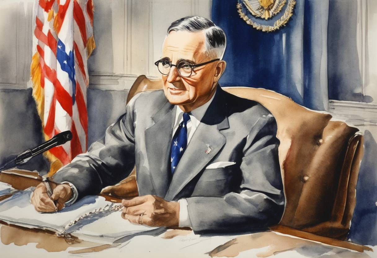 Watercolor painting based depiction of The United States President, Harry S. Truman, declared a state of emergency, giving him the authority to mobilize the U.S. military and control domestic industries during the Korean War. (1950)