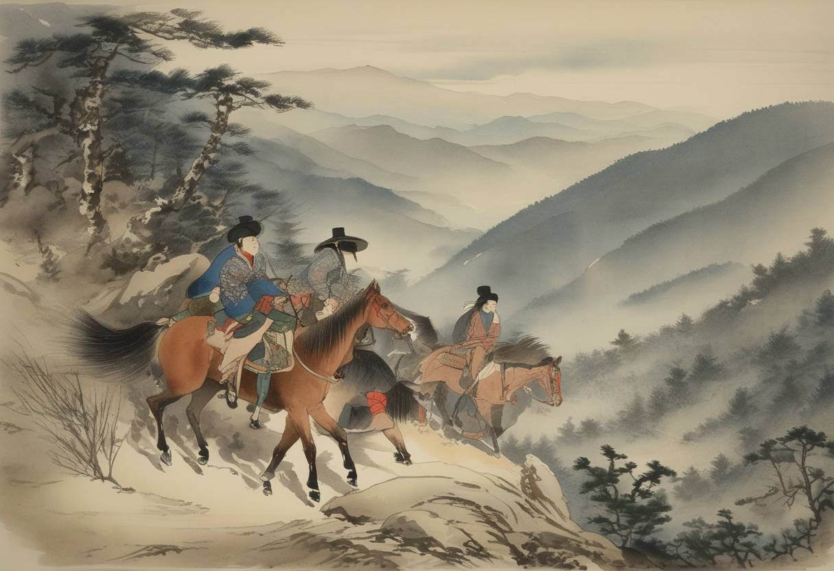 Watercolor painting based depiction of The hunting and massacre of Hakkoda worsens relations between the United States and Japan. (1887)
