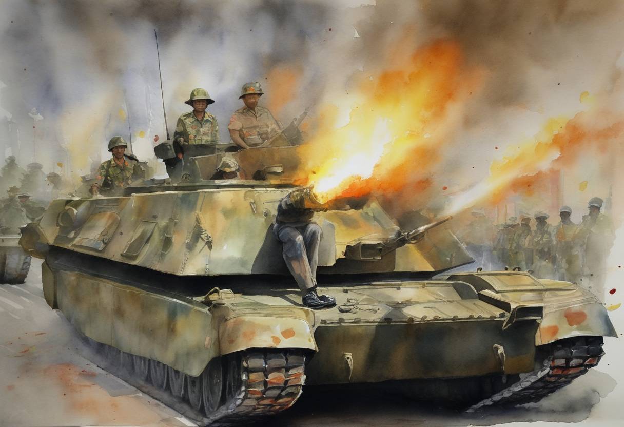 Watercolor painting based depiction of The 2006 Thailand coup d'état is initiated, during which the Royal Thai Army stages a coup against the government of then-Prime Minister Thaksin Shinawatra while he is in New York City for a United Nations General Assembly meeting. (2006)