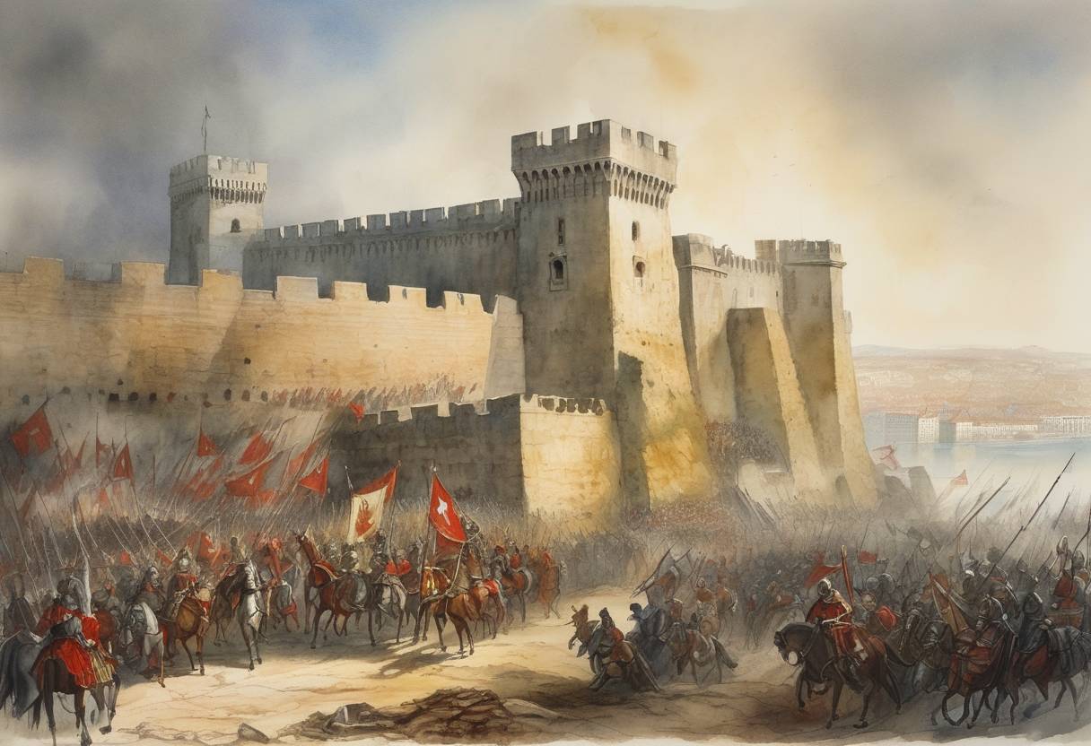Watercolor painting based depiction of The Siege of Lisbon concluded in a decisive Christian victory during the Second Crusade, leading to the establishment of the Kingdom of Portugal as a recognized Christian kingdom, eventually contributing to the expansion over the Iberian Peninsula. (1147)