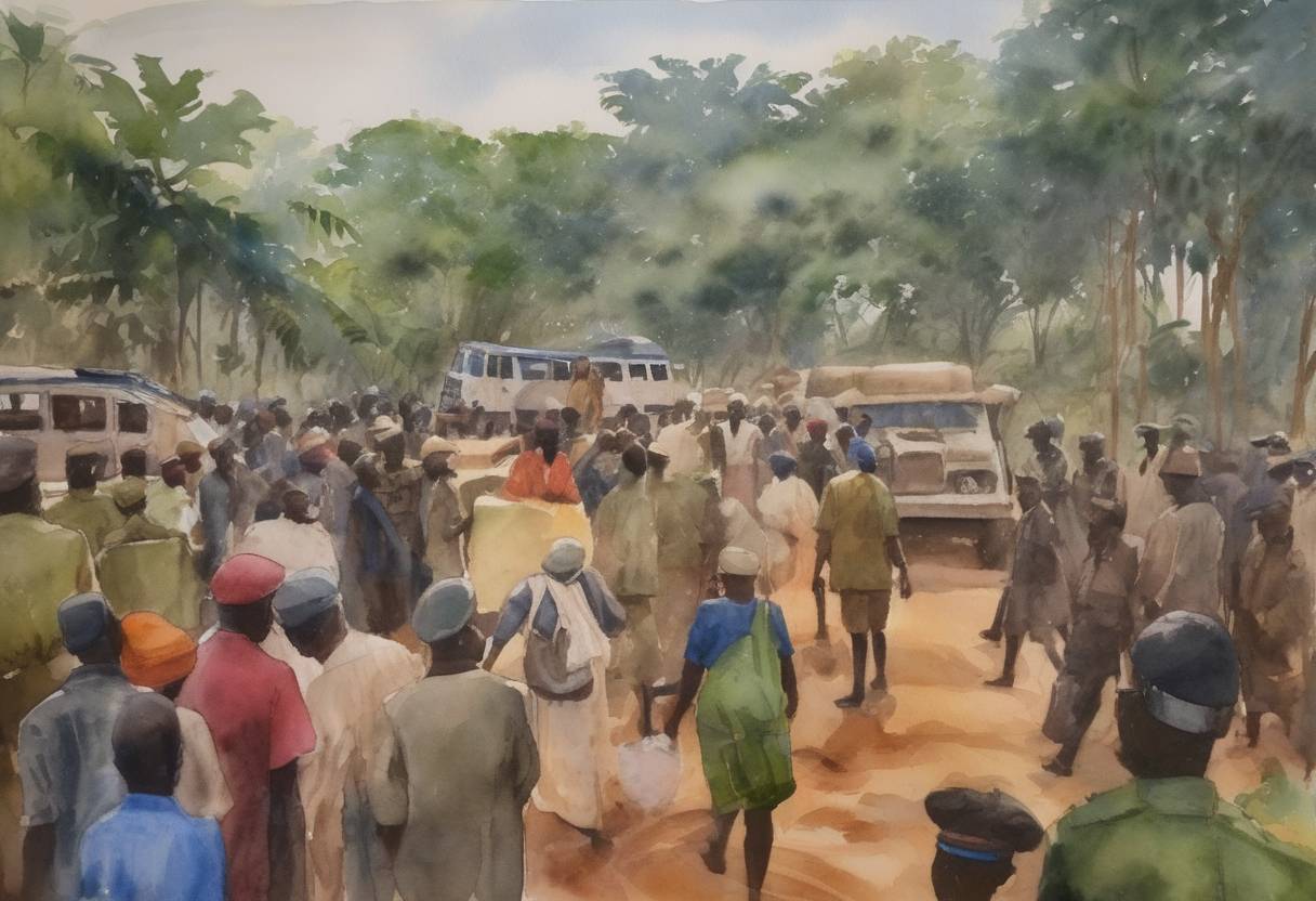 Watercolor painting based depiction of The International Court of Justice ordered Uganda to pay reparations to the Democratic Republic of the Congo for the occupation of Ituri Province during the Second Congo War. (2021)