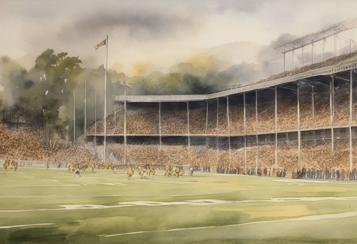 Watercolor painting based depiction of Georgia Tech defeats Cumberland University 222-0 in the most lopsided college football game in American history. (1916)