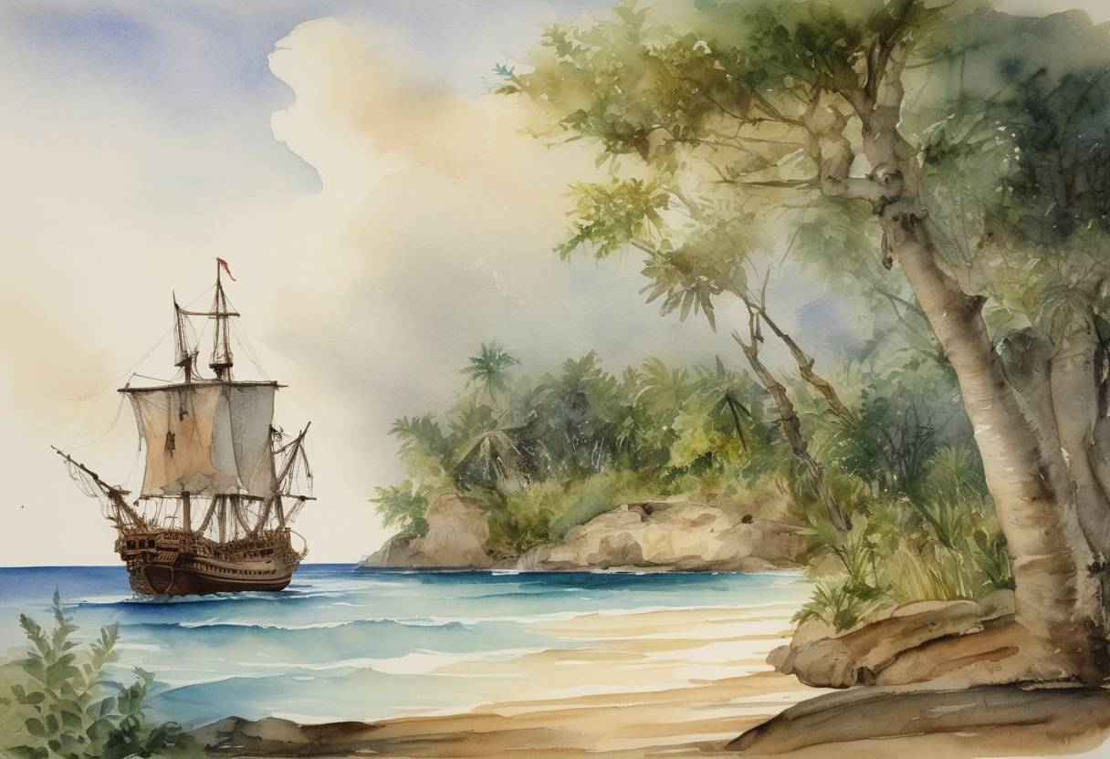 Watercolor painting based depiction of During his first voyage to the Americas, Christopher Columbus and his crew were on the verge of abandoning their delayed search when they observed what they believed to be an indication of land (notably vegetation in the water at La Pinta's bow, as well as flickering lights). His sighting of land would be officially confirmed the next day when they landed on the island of Guanahani, modern-day San Salvador. (1492)