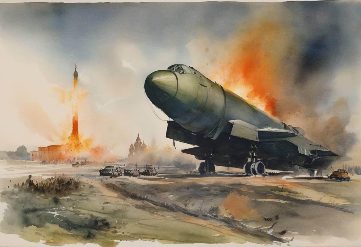 Watercolor painting based depiction of The Partial Test Ban Treaty, which prohibits all test detonations of nuclear weapons except for those conducted underground, comes into effect after being signed on August 5, 1963. This marked a significant step towards nuclear disarmament during the Cold War era. (1963)
