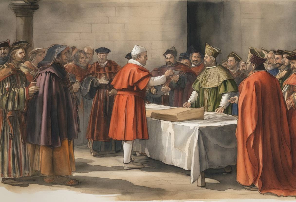 Watercolor painting based depiction of Pope Clement VII issued a papal bull ordering a Spanish Inquisition into character defamation, intensifying the Spanish Inquisition's impact. (1535)
