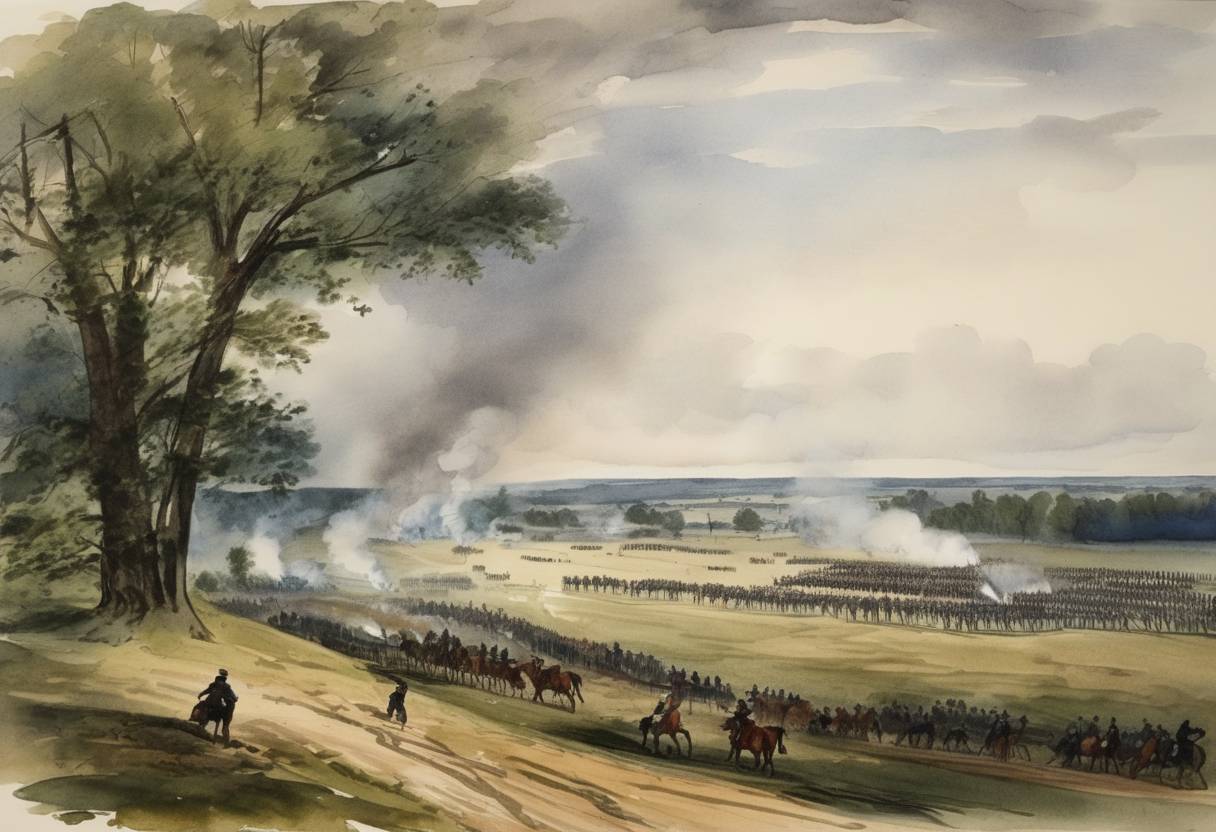 Watercolor painting based depiction of The Battle of Chantilly (Ox Hill) took place as part of the American Civil War, resulting in an inconclusive outcome but significant strategic implications. (1862)