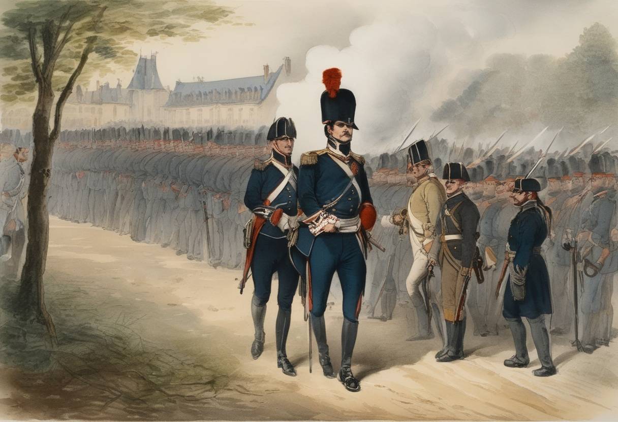 Watercolor painting based depiction of Michel Ney, a Marshal of France, was executed by firing squad for treason following his role in supporting Napoleon during the Hundred Days. (1815)