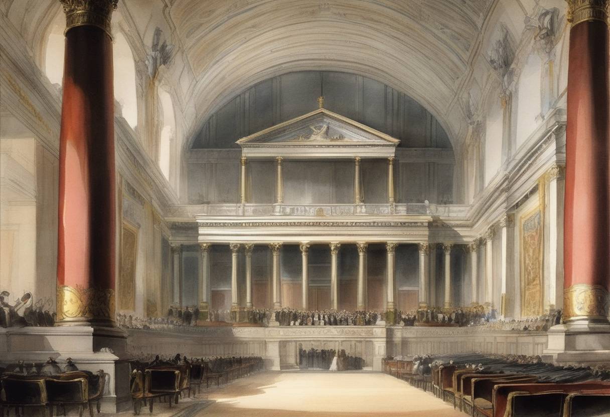 Watercolor painting based depiction of The first chamber of deputies in the Kingdom of Sardinia was dissolved, prompting new elections. (1849)