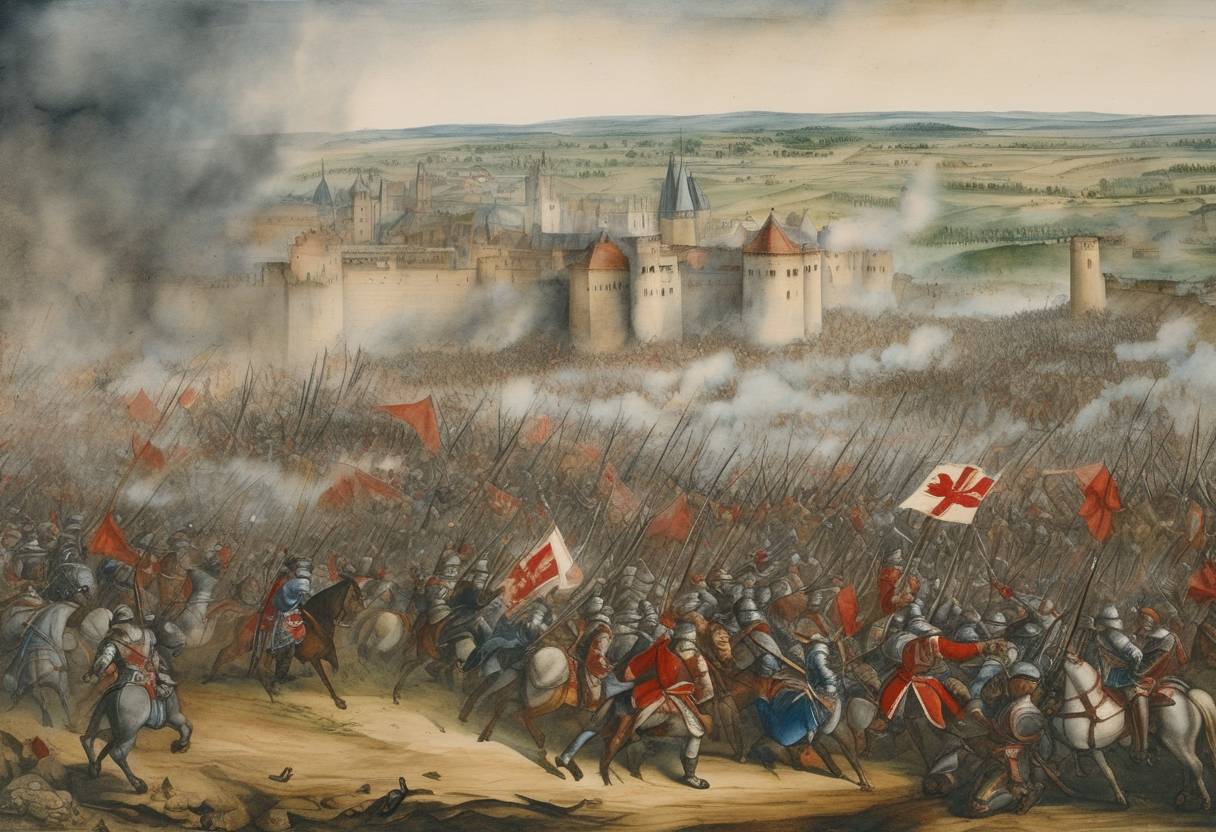 Watercolor painting based depiction of The Battle of St. Quentin, an engagement in the Italian War of 1551–1559, was concluded with a decisive victory for the Spanish and allied forces over France, severely weakening French influence. (1557)