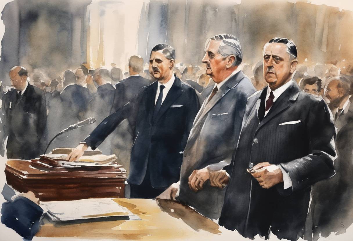 Watercolor painting based depiction of Charles de Gaulle was elected as the first President of the French Fifth Republic, establishing the framework for executive power in modern France and marking a key moment in French political history. (1958)
