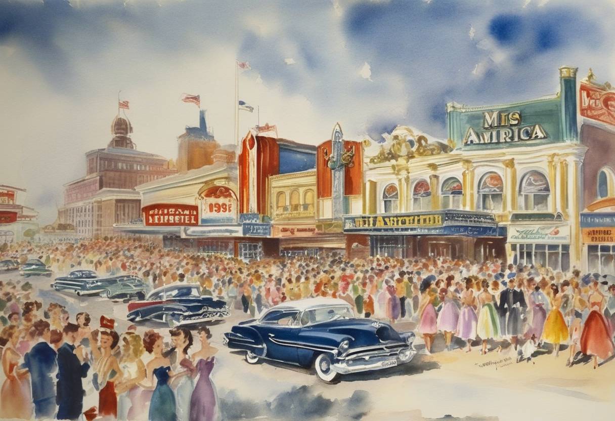 Watercolor painting based depiction of The 1954 Miss America Pageant was held in Atlantic City, New Jersey, marking a significant cultural event in the United States at that time. (1954)
