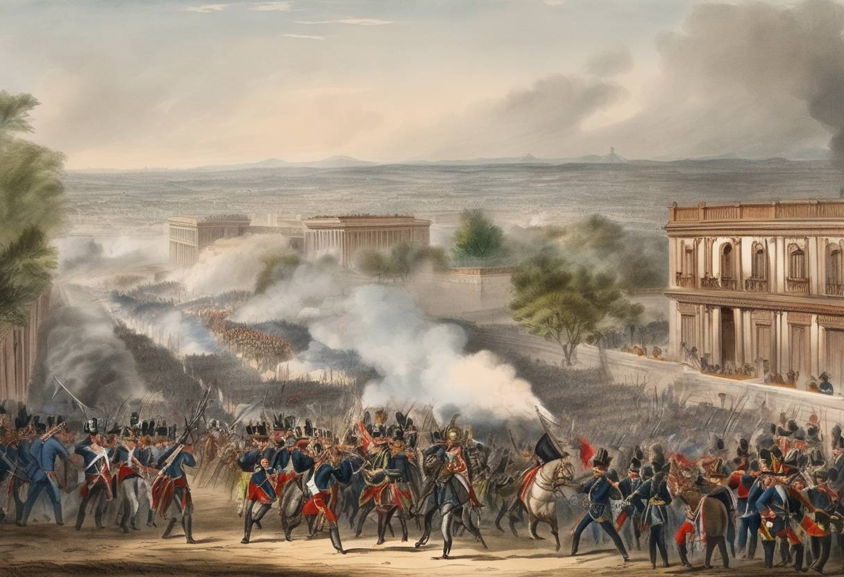Watercolor painting based depiction of The American victory at the Battle of Chapultepec during the Mexican-American War facilitated the U.S. capture of Mexico City. (1847)