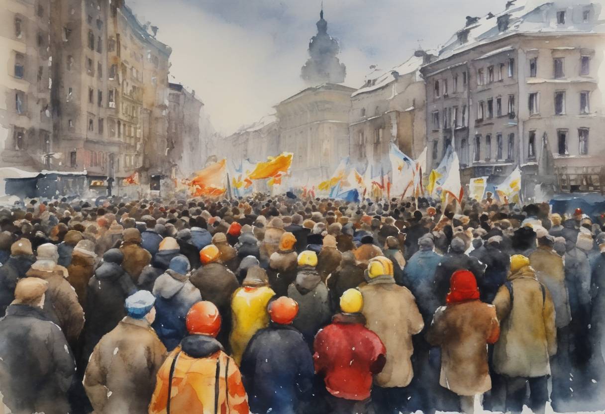 Watercolor painting based depiction of A peaceful demonstration in Kyiv, Ukraine, escalated into a significant protest against the government, marking a crucial moment in the Euromaidan movement. (2013)