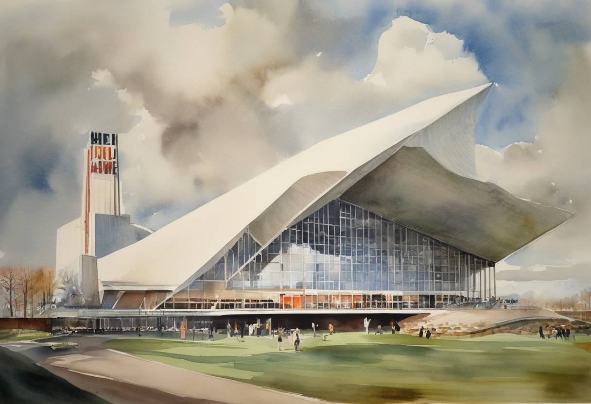 Watercolor painting based depiction of The Rock & Roll Hall of Fame announces its first inductees, including artists like Elvis Presley, Fats Domino, Ray Charles, and Chuck Berry. The Hall of Fame was established to recognize the contributions of those who have most influenced the development of rock and roll. (1959)