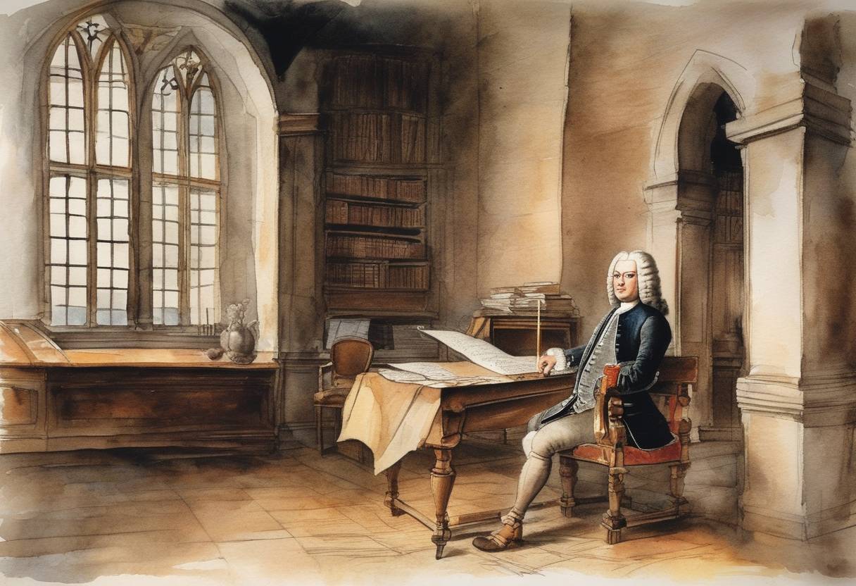 Watercolor painting based depiction of The great German composer Johann Sebastian Bach was born, who would become one of the most influential composers of the Baroque period. (1683)
