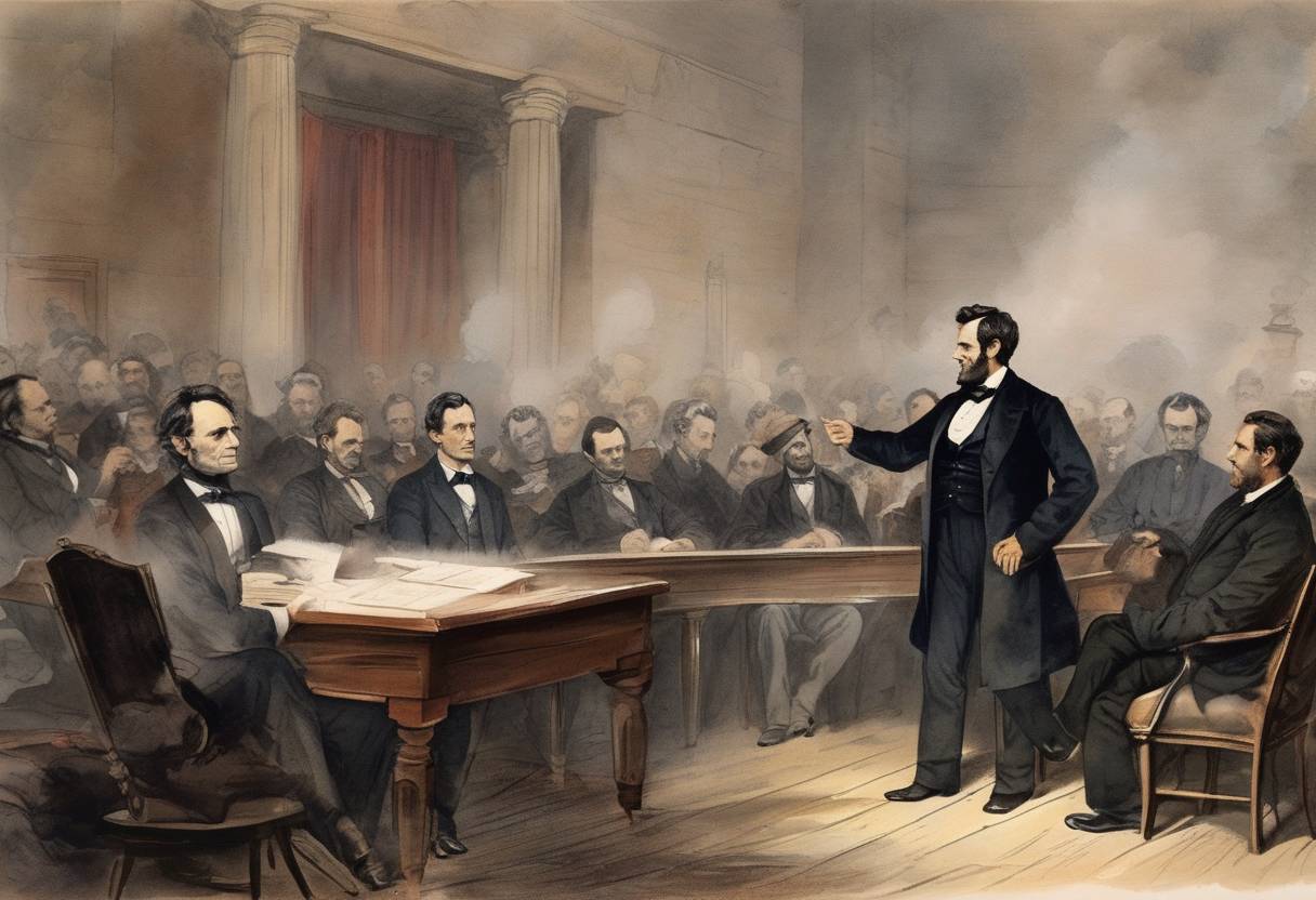 Watercolor painting based depiction of The first of the seven famous Lincoln-Douglas debates took place between Abraham Lincoln and Stephen A. Douglas at Ottawa, Illinois. This series of debates, part of the Illinois senatorial campaign, focused on the issue of slavery in the United States and showcased Lincoln's emerging leadership and moral stance against slavery. (1858)