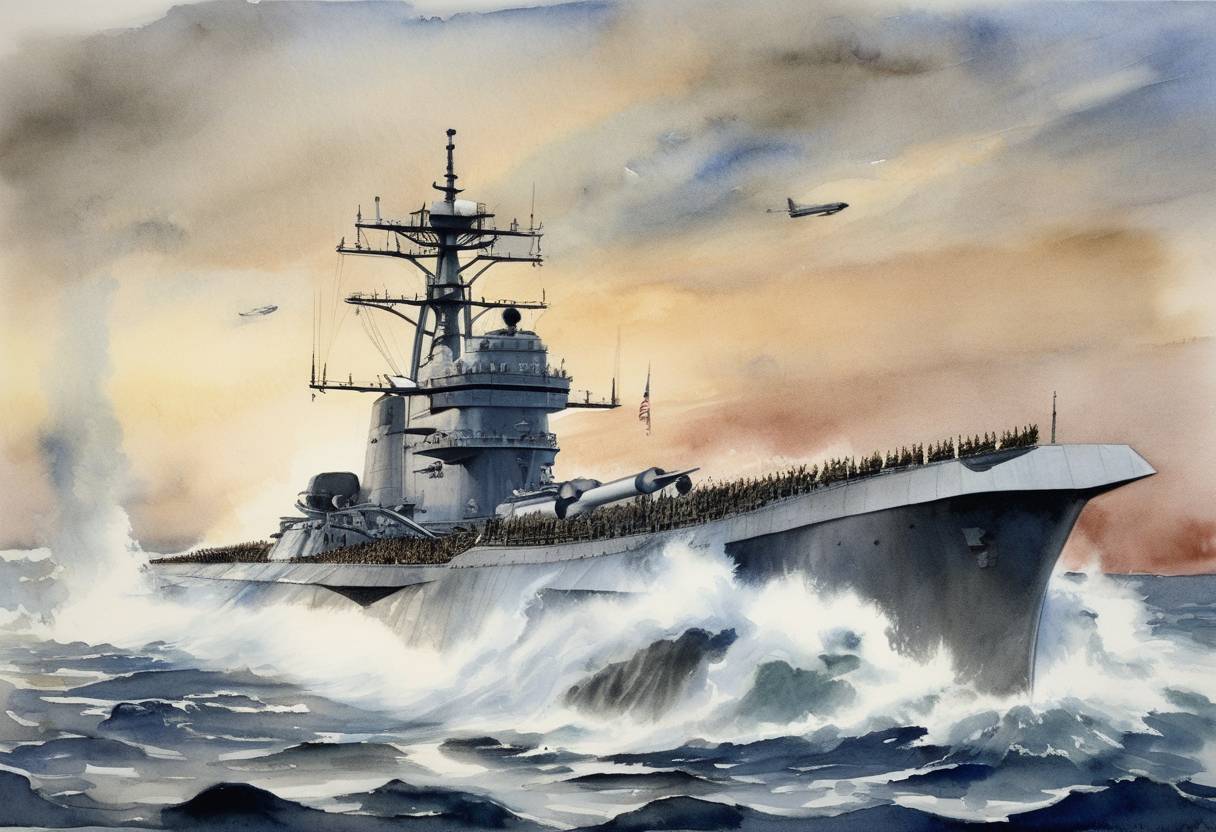 Watercolor painting based depiction of The USS George Washington, the first submarine to be built from keel up as a guided missile firing submarine, is launched. (1959)