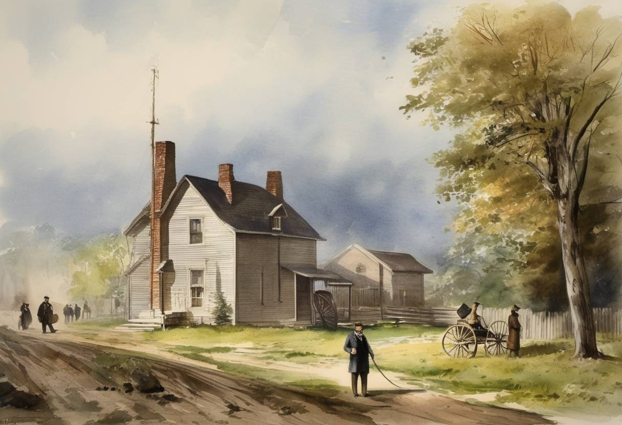 Watercolor painting based depiction of Alexander Graham Bell installs the world's first commercial telephone service in Hamilton, Ontario, Canada. (1877)