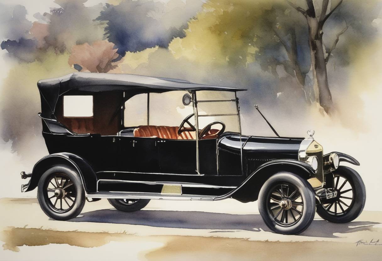 Watercolor painting based depiction of The Ford Motor Company ceases its production of the Model T, marking the end of the first mass-production automobile era. (1927)