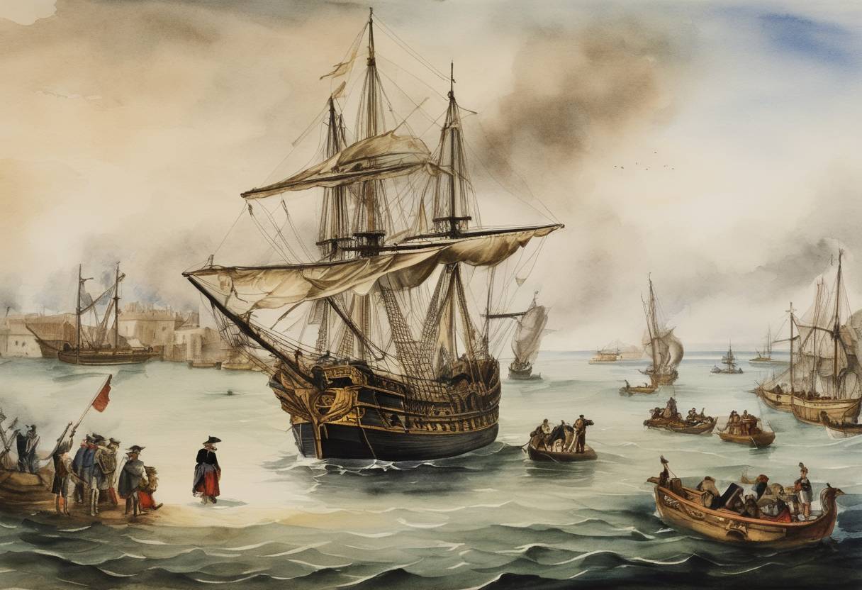 Watercolor painting based depiction of Francis Drake's expedition lands in St. Augustine in present-day Florida, claiming it for England. (1586)