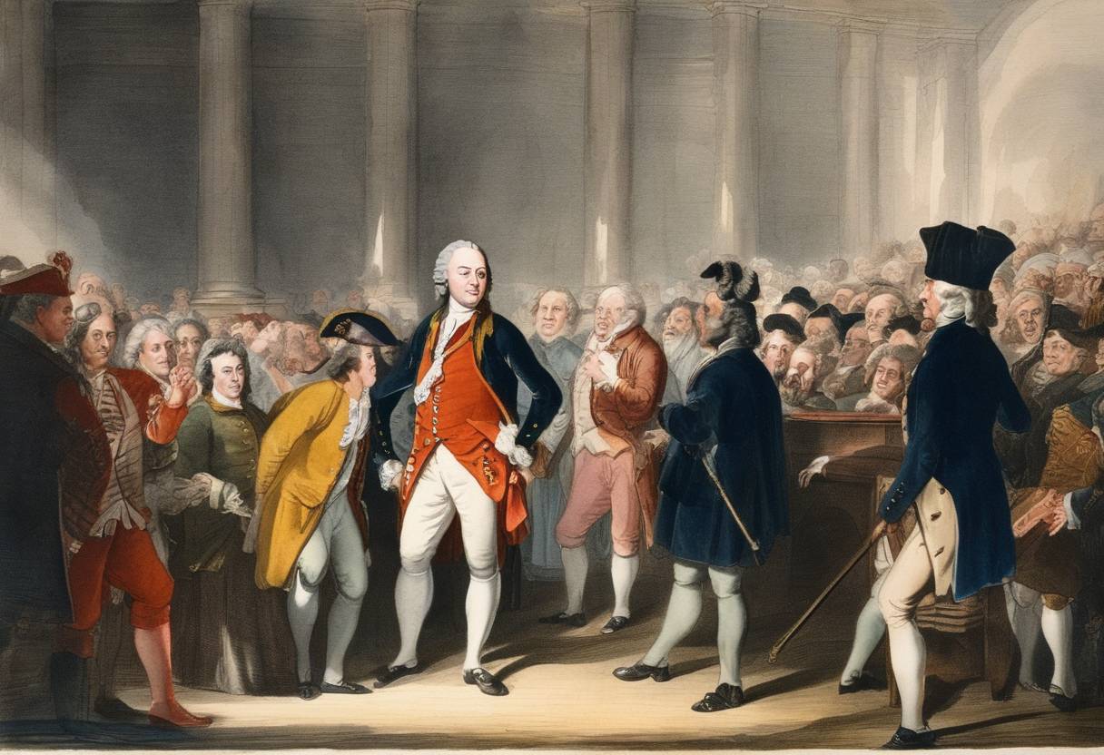 Watercolor painting based depiction of John Wilkes is expelled from the British House of Commons for seditious libel. (1764)