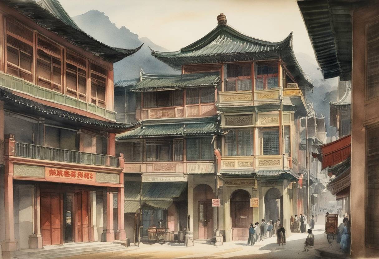 Watercolor painting based depiction of The Hong Kong General Chamber of Commerce, the oldest local chamber of commerce, was founded to promote trade among Western firms operating in China. (1861)