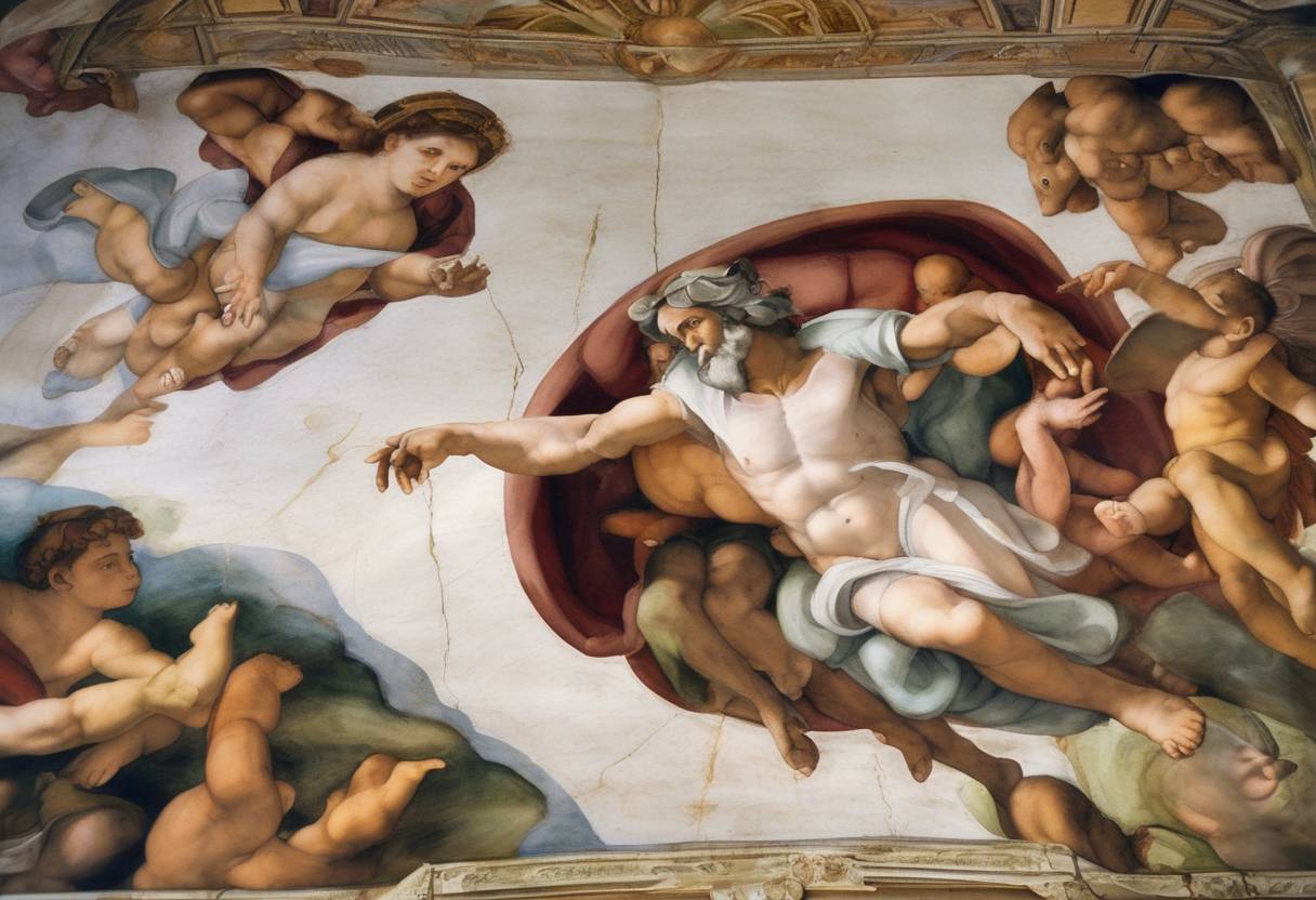 Watercolor painting based depiction of After nearly 18 years of restoration work, Michelangelo's frescoes in the Sistine Chapel were unveiled to the public. (1997)