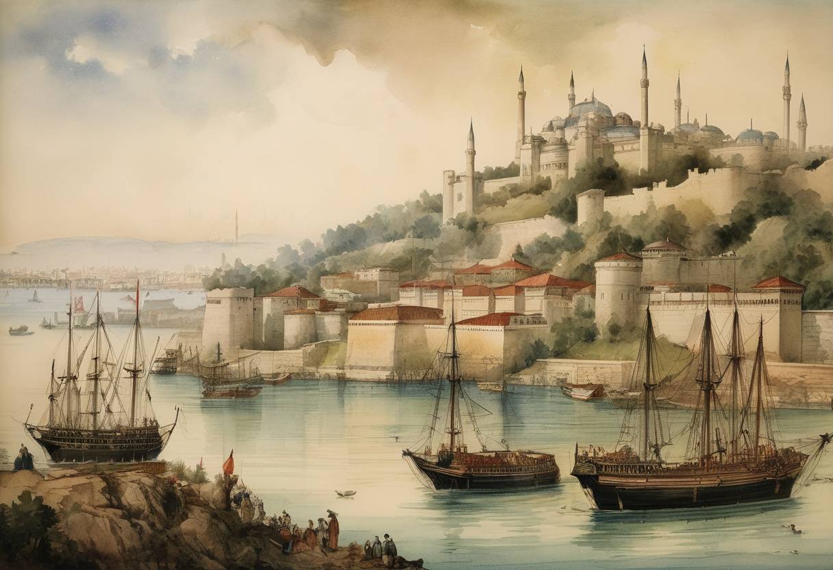 Watercolor painting based depiction of The Ottoman Sultan Mehmed II began the construction of Rumelihisarı, a fortress on the European side of the Bosporus, to prepare for the conquest of Constantinople. (1481)