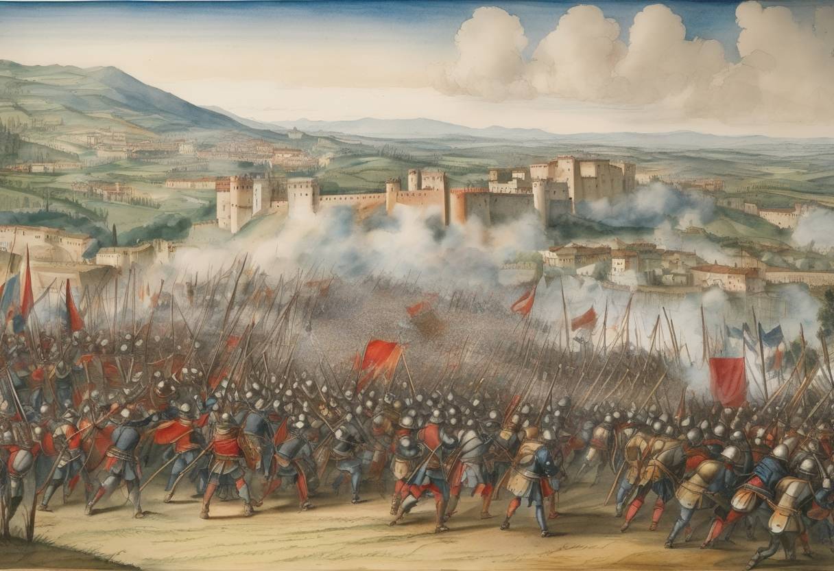 Watercolor painting based depiction of The Battle of Garigliano concludes during the Italian Wars, a series of conflicts from 1494 to 1559 that involved most of the city-states of Italy, as well as France, Spain, and the Holy Roman Empire. The battle was fought between Spanish forces led by Gonzalo Fernández de Córdoba and the French army under Ludovico II, Marquess of Saluzzo. (1503)
