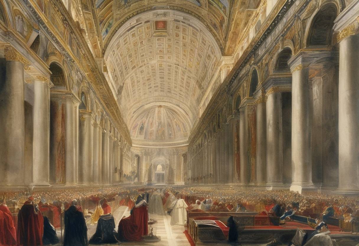 Watercolor painting based depiction of The Vatican I Ecumenical Council formally adopted the dogma of papal infallibility, defining it as a matter of Catholic faith. (1870)