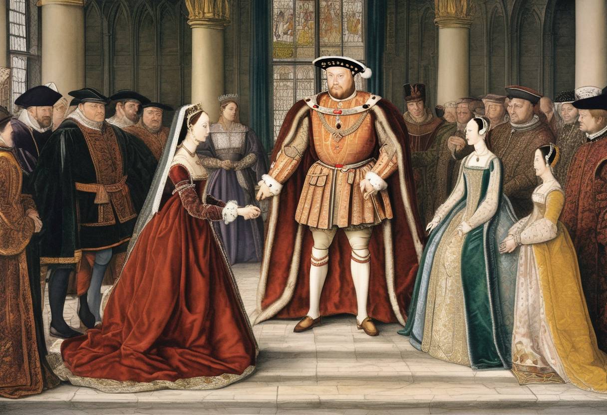 Watercolor painting based depiction of King Henry VIII of England surreptitiously marries Anne Boleyn, marking a pivotal event in the English Reformation as it eventually leads to England's break from the Roman Catholic Church. (1533)