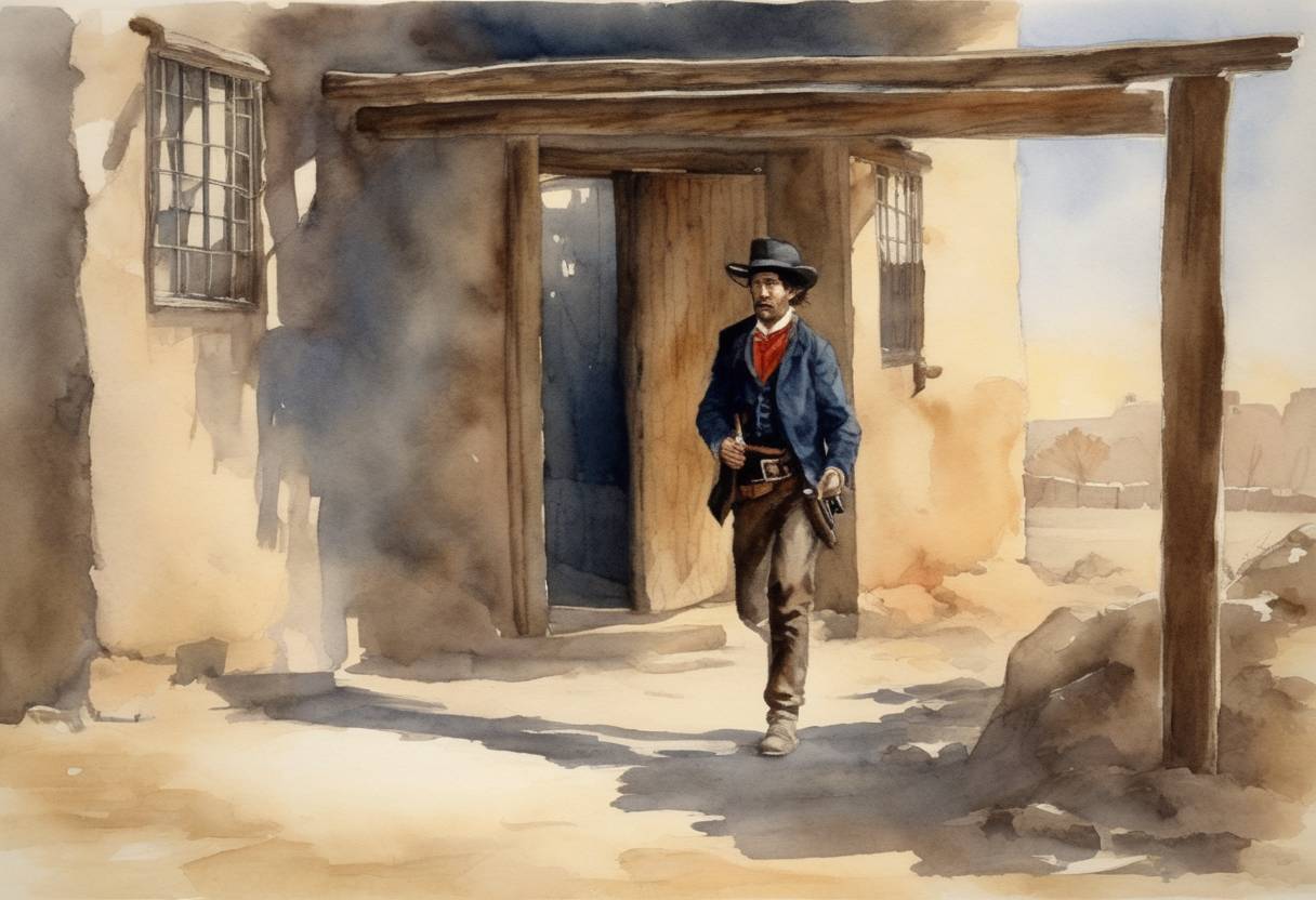 Watercolor painting based depiction of Billy the Kid escapes from the Lincoln County jail in Mesilla, New Mexico Territory. (1881)