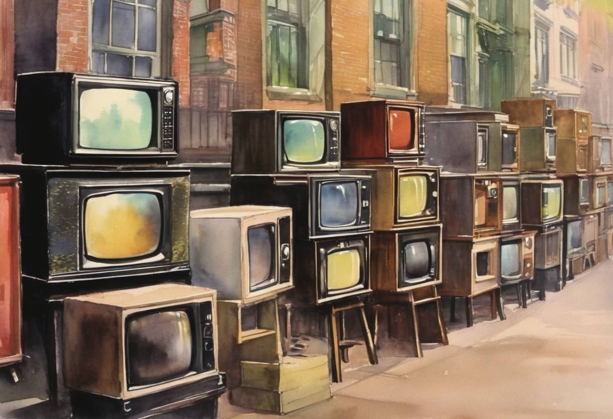 Watercolor painting based depiction of The first color television sets using the NTSC standard are offered for sale to the general public. (1954)