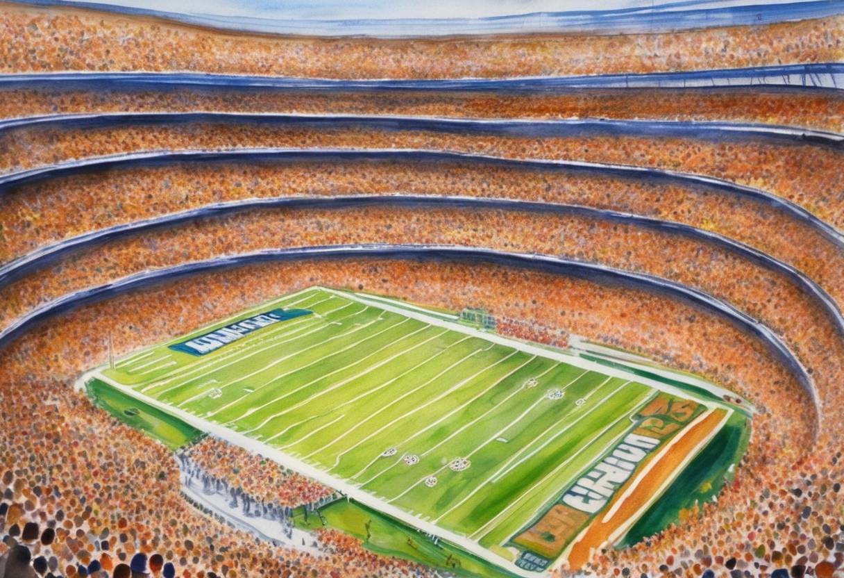 Watercolor painting based depiction of The first Super Bowl is announced, to be played on January 15, 1967, in Los Angeles, California. (1967)