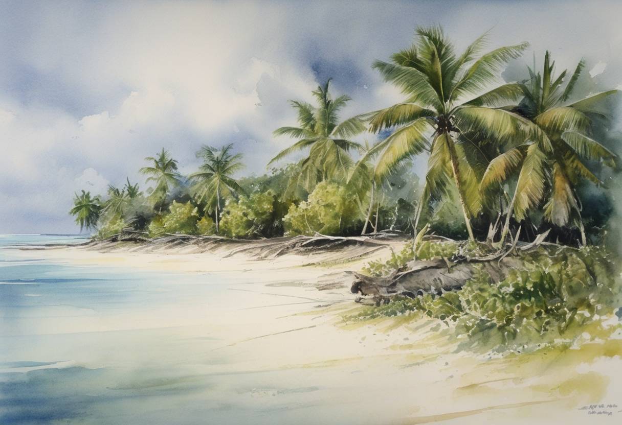 Watercolor painting based depiction of The Gilbert Islands, a former British colony, became the independent nation of Kiribati. (1979)
