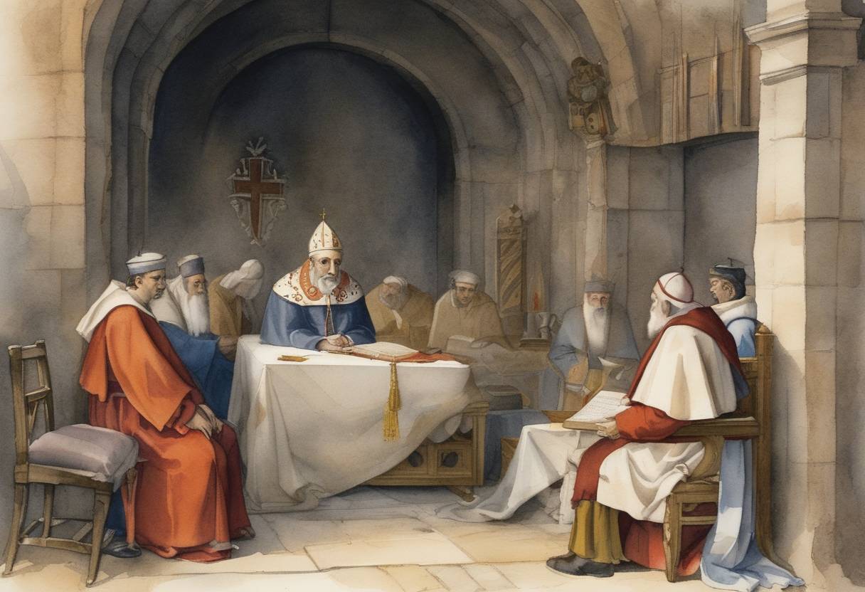 Watercolor painting based depiction of Pope Gregory XI issued a papal bull condemning the teachings of John Wycliffe, an English theologian who had challenged the authority of the Catholic Church, laying groundwork for later church reforms. (1376)