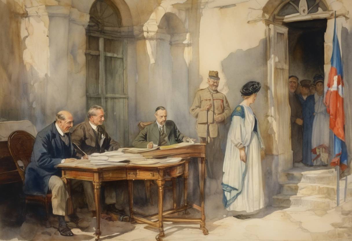 Watercolor painting based depiction of The Corfu Declaration was signed, calling for the establishment of the Kingdom of Yugoslavia. (1917)