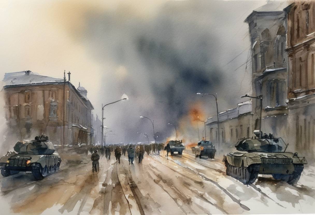 Watercolor painting based depiction of The Nord-Ost siege in Moscow, Russia, ends when Russian forces storm the Dubrovka Theater, where Chechen militants held around 850 hostages. The operation resulted in the deaths of approximately 130 hostages due to a gas used by Russian forces to incapacitate the militants. (2002)