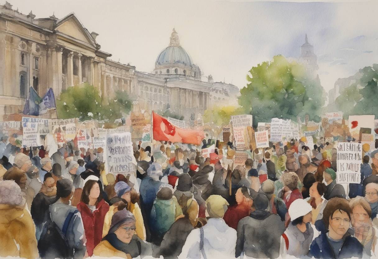 Watercolor painting based depiction of An international protest known as the National Mobilization on Climate Change brings together activists in over 140 countries to demand action against climate change. Demonstrations occur across the globe, highlighting environmental concerns and urging policy changes. (2000)