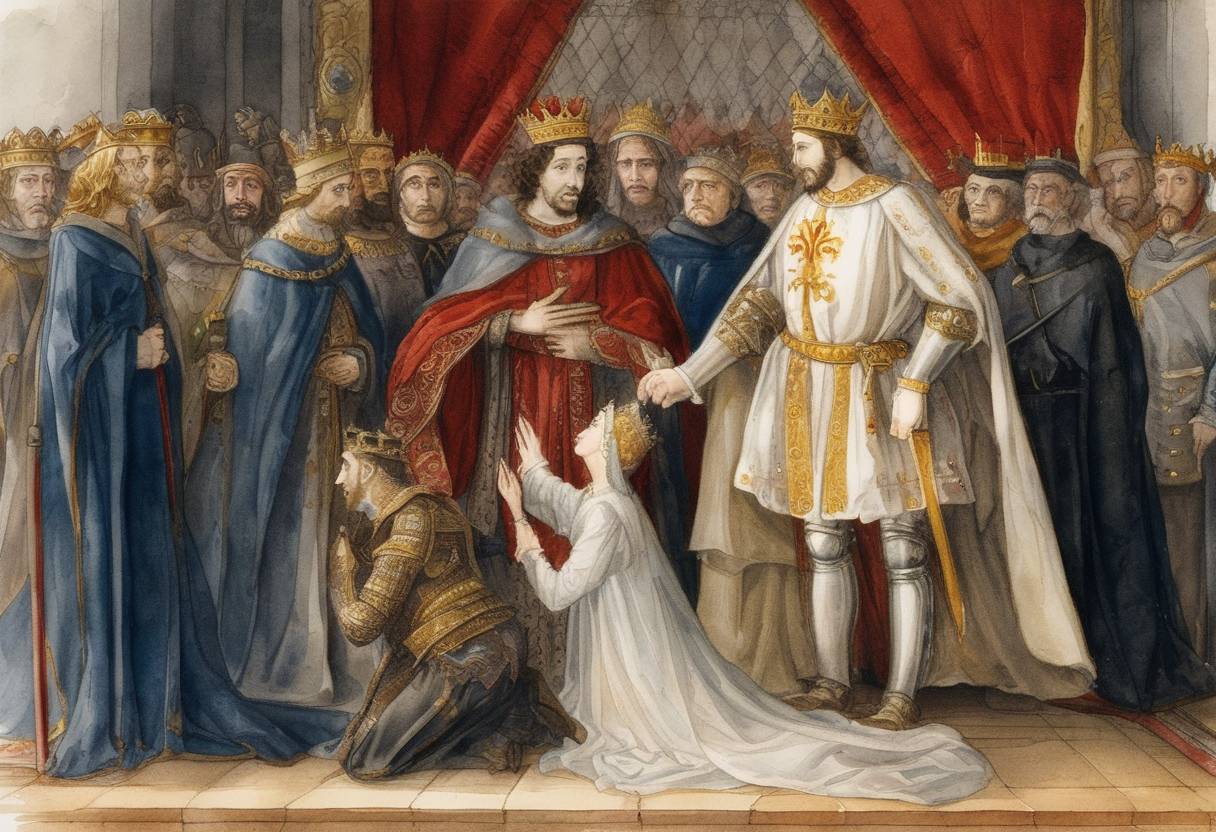 Watercolor painting based depiction of King Richard II of England surrendered to his cousin, the future Henry IV, marking a significant event in the lead-up to the Lancaster takeover of the English throne. (1399)